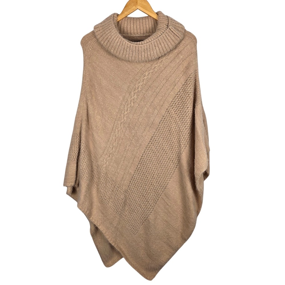 Anthropologie "Do everything in Love"‎ Womens Poncho Sweater OS Tan Cowl Sparkle